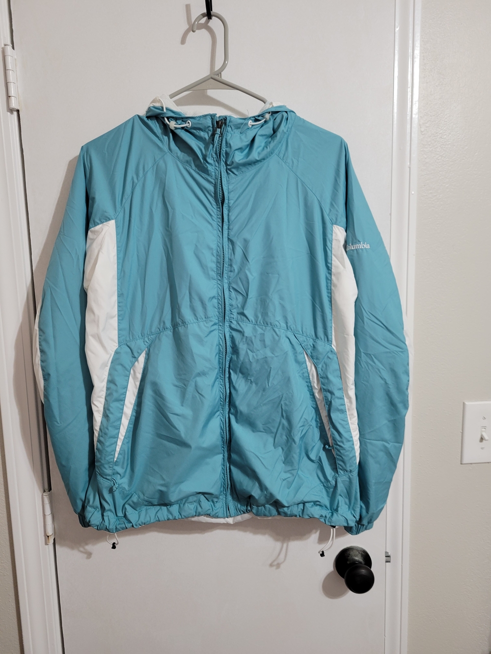 Columbia Aqua and White Hooded Windbreaker